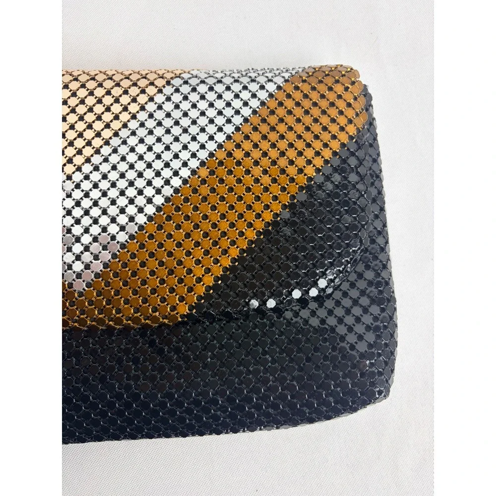 Vintage Style Metal Mesh Chevron Clutch Bag Black Gold Silver Evening Purse